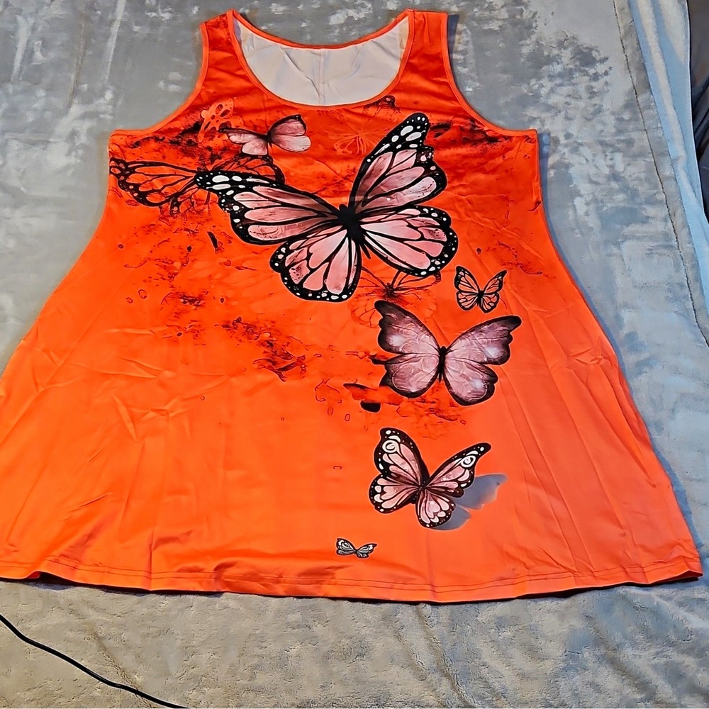 Orange Butterfly Print Scoop Neck Sleeveless Stretch Knit Tank Top Plus 5XL